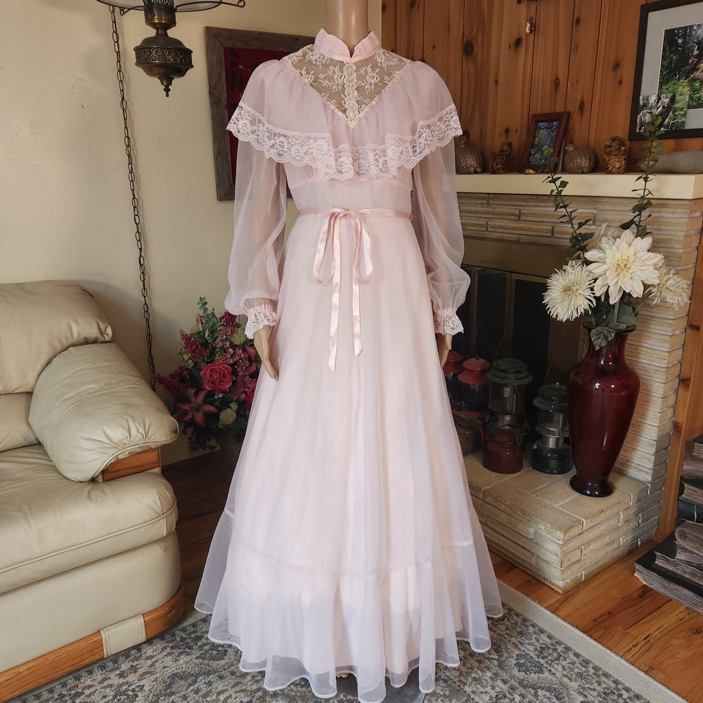 Vintage 70s Precious Moments Pink Swiss Dot Prairie Gown | Cottagecore Maxi